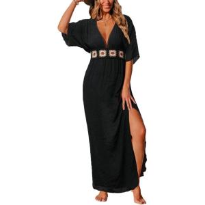 CUPSHE Women Swimsuit Coverup Deep V Neck Half Sleeve Maxi Coverup Dress(Black)
