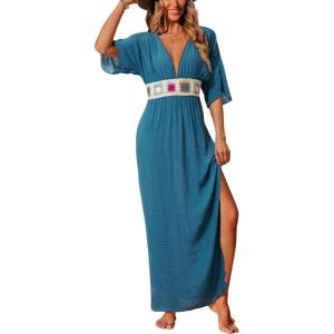 CUPSHE Women Swimsuit Coverup Deep V Neck Half Sleeve Maxi Coverup Dress(Blue)