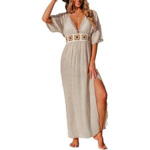 CUPSHE Women Swimsuit Coverup Deep V Neck Half Sleeve Maxi Coverup Dress(Khaki)
