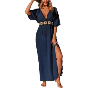 CUPSHE Women Swimsuit Coverup Deep V Neck Half Sleeve Maxi Coverup Dress(Navy)