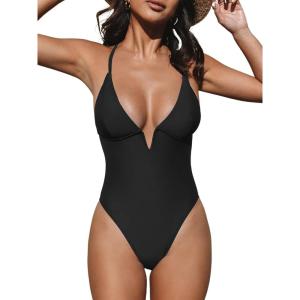 CUPSHE Women Swimsuit One Piece Bathing Suit Deep V Neck Crisscross Back Adjustable Strap(Black)