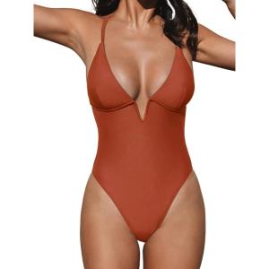 CUPSHE Women Swimsuit One Piece Bathing Suit Deep V Neck Crisscross Back Adjustable Strap(Brick Red)
