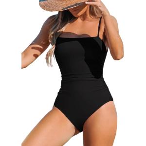 CUPSHE Women Swimsuit One Piece Bathing Suit Square Neck Cutout Back Tummy Control with Adjustable Spaghetti Straps(Black)