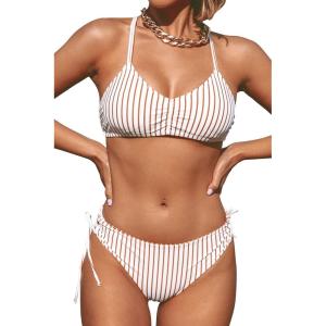 CUPSHE Women’s 2 Piece Bikini Set Back Braided Straps with Reversible Bottom(Brown Stripe)