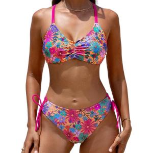 CUPSHE Women’s 2 Piece Bikini Set Back Braided Straps with Reversible Bottom(Magenta/ Ditsy)
