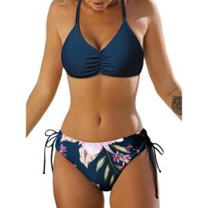 CUPSHE Women’s 2 Piece Bikini Set Back Braided Straps with Reversible Bottom(Navy Blue/Flower)