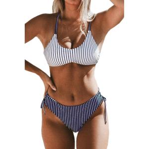 CUPSHE Women’s 2 Piece Bikini Set Back Braided Straps with Reversible Bottom(Navy Vertical Stripes)