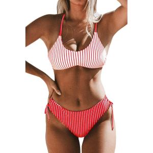 CUPSHE Women’s 2 Piece Bikini Set Back Braided Straps with Reversible Bottom(Red Vertical Stripes)