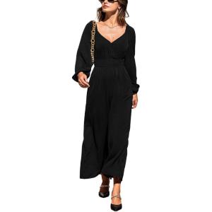 CUPSHE Women’s Casual Loose Jumpsuits One Piece V Neck Long Lantern Sleeve Wide Leg Pants High Waist Jumpsuit With Pockets(Black)