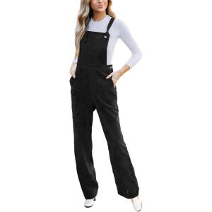 CUPSHE Women’s Corduroy Fall Overall Jumpsuits Self Tie Strap Slanted Front Pockets Side Buttons Wide Leg Casual Rompers(Black)