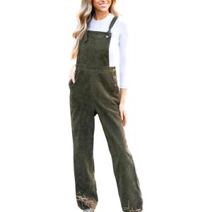 CUPSHE Women’s Corduroy Fall Overall Jumpsuits Self Tie Strap Slanted Front Pockets Side Buttons Wide Leg Casual Rompers(Olive)