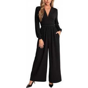 CUPSHE Womens Lantern Long Sleeve Dressy Jumpsuit V Neck Wide Leg Pants One Piece Romper Outfits with Pockets(Black)