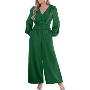 CUPSHE Women’s Long Sleeves Jumpsuits Dressy Smocked Waist V Neck Wide Leg One Piece Jumpsuit(Green)