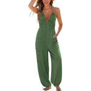 CUPSHE Womens Maxi One Piece Jumpsuit Plunging V Neck Sleeveless Casual Outfit Beach Overall Vacation Summer Long Romper(Deep Green)