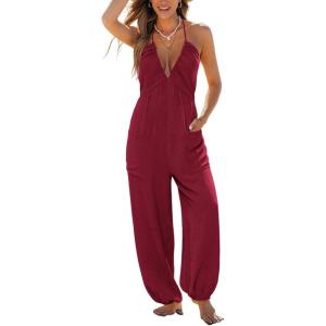 CUPSHE Womens Maxi One Piece Jumpsuit Plunging V Neck Sleeveless Casual Outfit Beach Overall Vacation Summer Long Romper(Red)