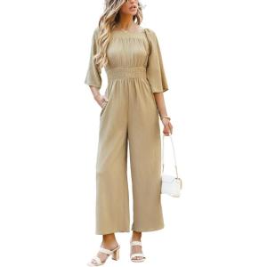 CUPSHE Women’s One Piece Jumpsuits Dressy 3/4 Sleeve Square Neck Overalls Wide Leg Pants Rompers Vacation Outfits(Beige)
