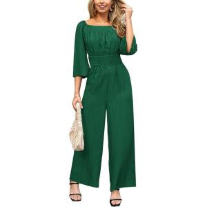 CUPSHE Women’s One Piece Jumpsuits Dressy 3/4 Sleeve Square Neck Overalls Wide Leg Pants Rompers Vacation Outfits(Green)