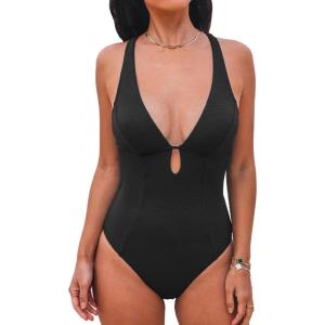 CUPSHE Women’s One Piece Swimsuit Deep V Neck Keyhole Cutout O Ring Textured Bathing Suit(Black)