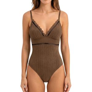CUPSHE Women’s One Piece Swimsuit Scalloped V Neck Bathing Suit Mesh Cutout Adjustable Straps Spaghetti Textured Sexy(Taupe Brown)