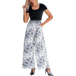 CUPSHE Women’s Short Sleeve Jumpsuits Dressy One Piece Elastic Waist Printed Wide Leg Pants Jumpsuit(Black)
