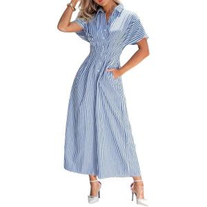 CUPSHE Women’s Short Sleeve Jumpsuits One Piece V Neck Buttons Down Collar Wide Leg Pants Stripes Jumpsuit With Pockets(Blue)