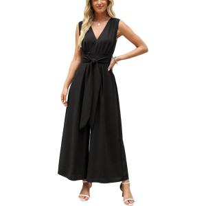 CUPSHE Women’s Sleeveless V Neck Jumpsuit Summer Tied Wide Leg One Piece Romper Casual Elegant Outfit Beach Vacation(Black)