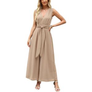 CUPSHE Women’s Sleeveless V Neck Jumpsuit Summer Tied Wide Leg One Piece Romper Casual Elegant Outfit Beach Vacation(Khaki)