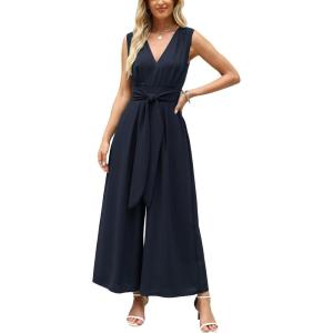 CUPSHE Women’s Sleeveless V Neck Jumpsuit Summer Tied Wide Leg One Piece Romper Casual Elegant Outfit Beach Vacation(Navy Blue)