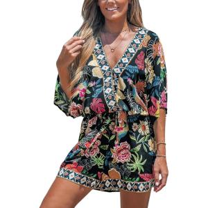 CUPSHE Women’s Summer Romper Lace Up Printed Half Sleeves Casual Wide leg Vacation Outfit Mini One Piece Jumpsuit(Black Floral)