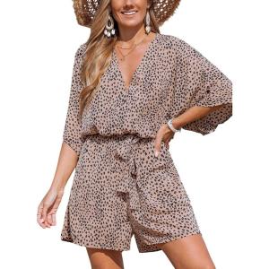 CUPSHE Women’s Summer Romper Lace Up Printed Half Sleeves Casual Wide leg Vacation Outfit Mini One Piece Jumpsuit(Black Leopard)