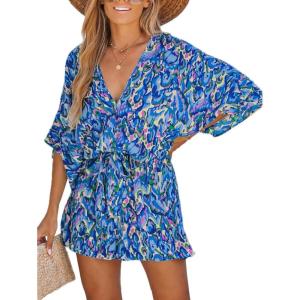 CUPSHE Women’s Summer Romper Lace Up Printed Half Sleeves Casual Wide leg Vacation Outfit Mini One Piece Jumpsuit(Blue)