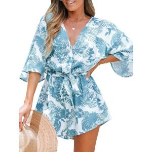 CUPSHE Women’s Summer Romper Lace Up Printed Half Sleeves Casual Wide leg Vacation Outfit Mini One Piece Jumpsuit(Blue Floral)