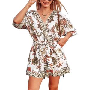 CUPSHE Women’s Summer Romper Lace Up Printed Half Sleeves Casual Wide leg Vacation Outfit Mini One Piece Jumpsuit(Brown Printed)