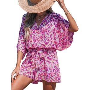 CUPSHE Women’s Summer Romper Lace Up Printed Half Sleeves Casual Wide leg Vacation Outfit Mini One Piece Jumpsuit(Fuchsia)