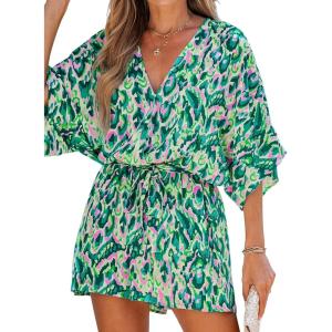 CUPSHE Women’s Summer Romper Lace Up Printed Half Sleeves Casual Wide leg Vacation Outfit Mini One Piece Jumpsuit(Green)