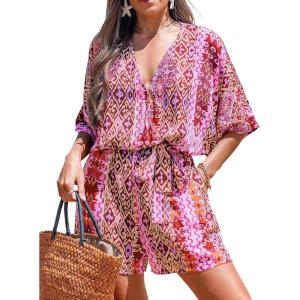 CUPSHE Women’s Summer Romper Lace Up Printed Half Sleeves Casual Wide leg Vacation Outfit Mini One Piece Jumpsuit(Pink Abstract)