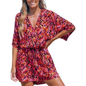 CUPSHE Women’s Summer Romper Lace Up Printed Half Sleeves Casual Wide leg Vacation Outfit Mini One Piece Jumpsuit(Red)