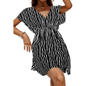 CUPSHE Women’s Swimsuit Coverup Casual V Neck Beach Dress Short Sleeve Elastic Waist Swimwear Cover Ups 2026 Beachwear(Black Stripes)
