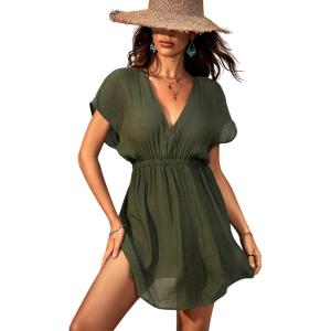 CUPSHE Women’s Swimsuit Coverup Casual V Neck Beach Dress Short Sleeve Elastic Waist Swimwear Cover Ups 2026 Beachwear(Dark Green)