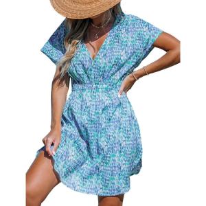 CUPSHE Women’s Swimsuit Coverup Casual V Neck Beach Dress Short Sleeve Elastic Waist Swimwear Cover Ups 2026 Beachwear(Green Dot)