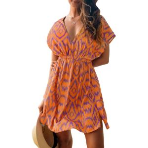 CUPSHE Women’s Swimsuit Coverup Casual V Neck Beach Dress Short Sleeve Elastic Waist Swimwear Cover Ups 2026 Beachwear(Orange Geometric)