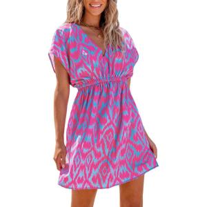 CUPSHE Women’s Swimsuit Coverup Casual V Neck Beach Dress Short Sleeve Elastic Waist Swimwear Cover Ups 2026 Beachwear(Or-purple)