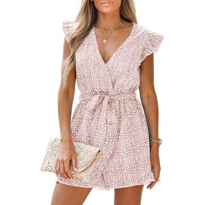 CUPSHE Women’s V Neck Floral Print Belted Elastic Waist Romper Ruffled Cap Sleeves Mini Jumpsuit(Pink)
