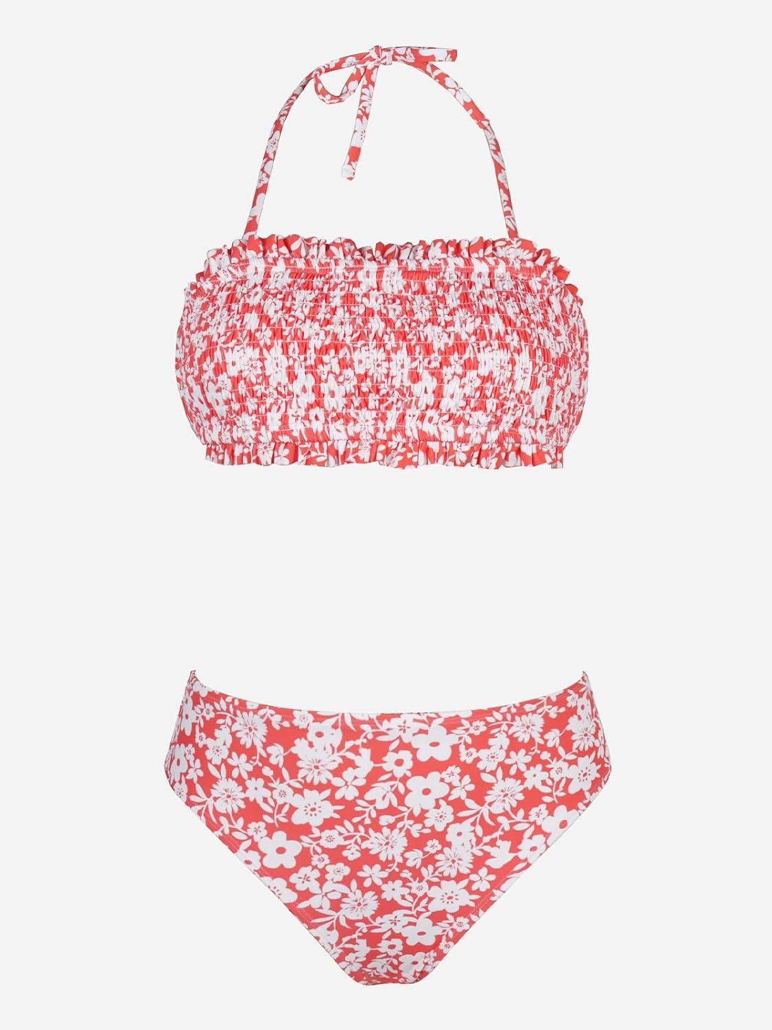 imageCUPSHE Bikini Set for Women Two Piece Swimsuit Bandeau Top Back Tie Mid Waisted Bottom with Removable Shoulder StrapsCoralFloral