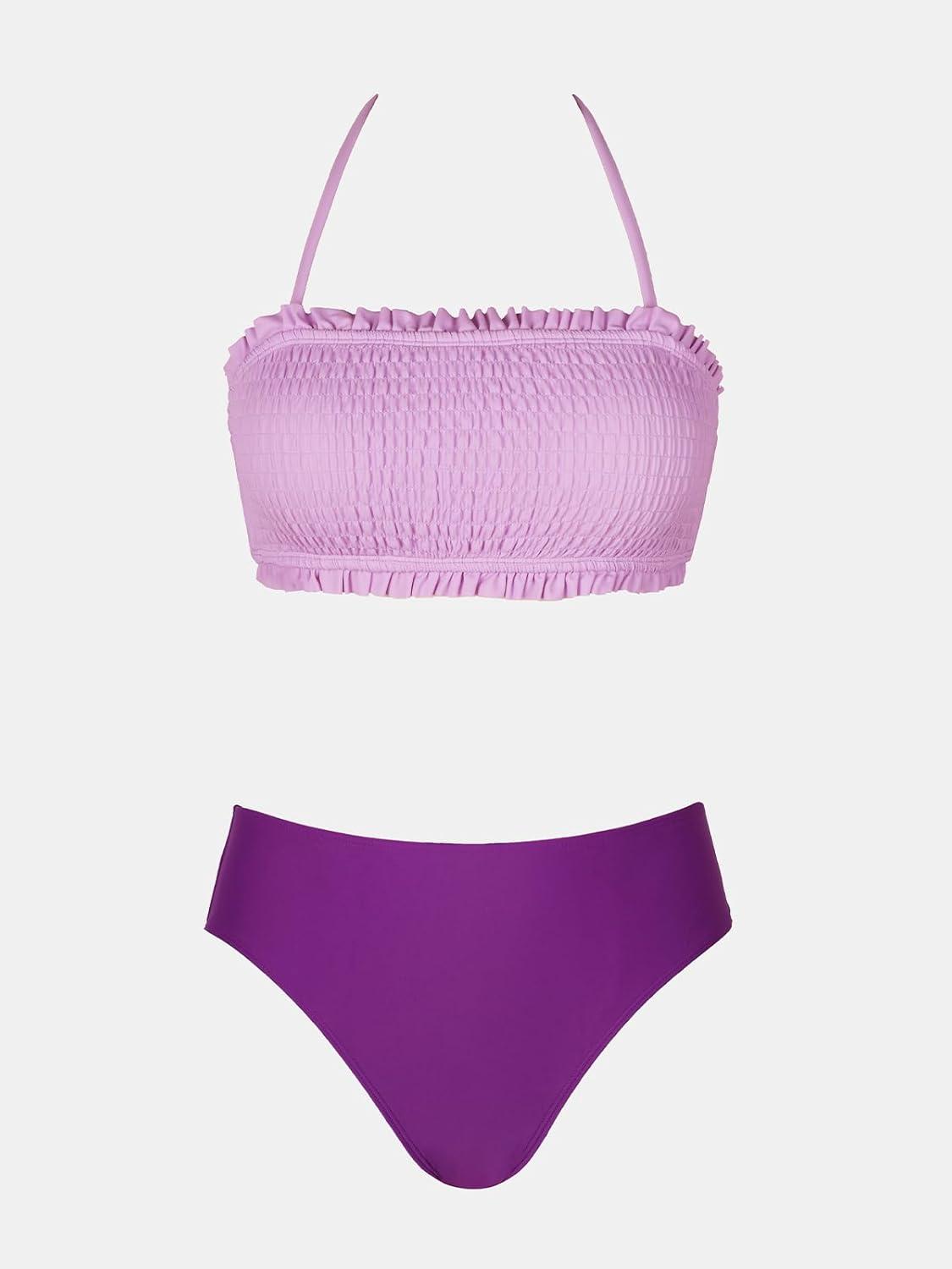 imageCUPSHE Bikini Set for Women Two Piece Swimsuit Bandeau Top Back Tie Mid Waisted Bottom with Removable Shoulder StrapsLavenderDark Purple