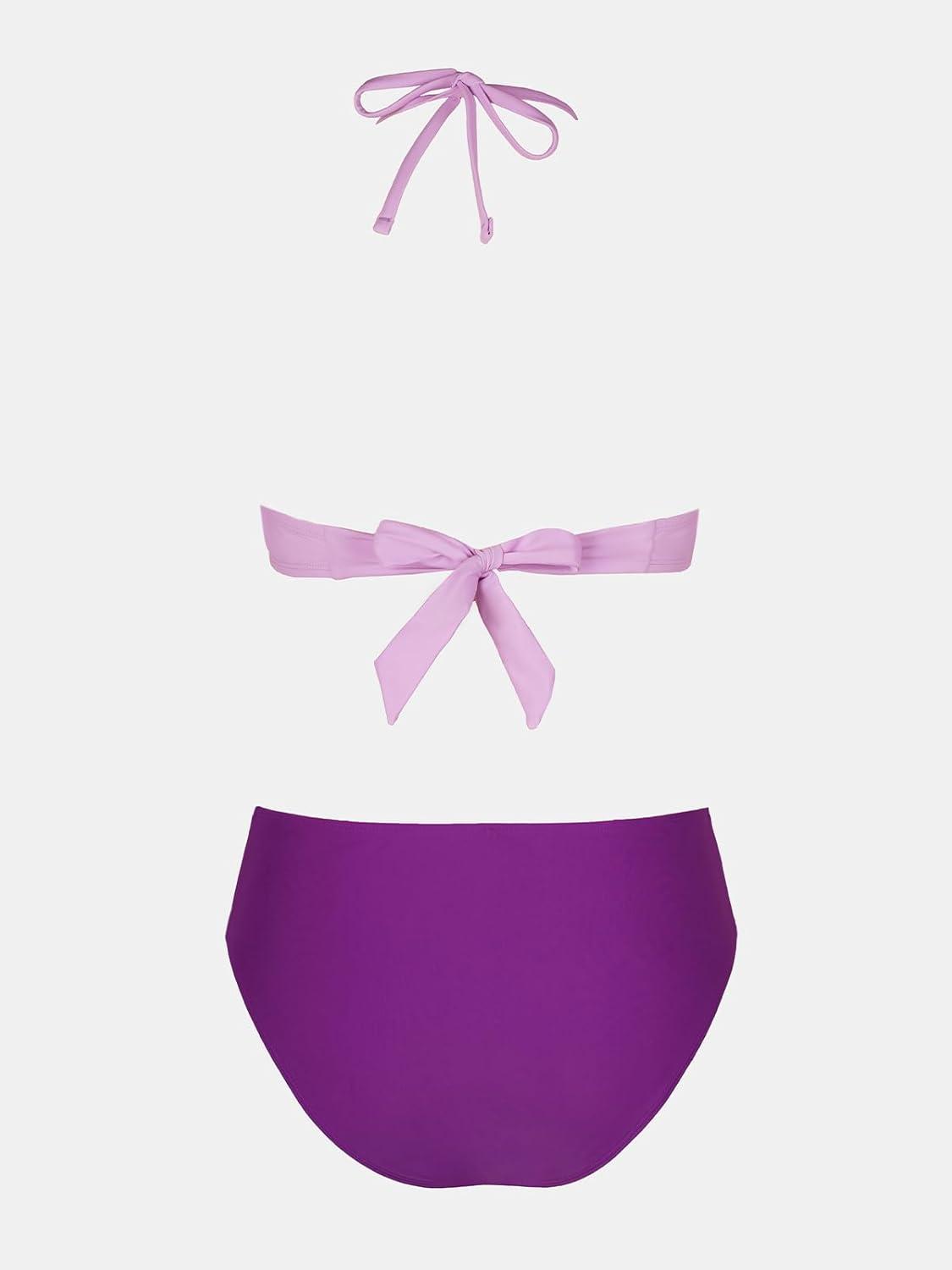 imageCUPSHE Bikini Set for Women Two Piece Swimsuit Bandeau Top Back Tie Mid Waisted Bottom with Removable Shoulder StrapsLavenderDark Purple