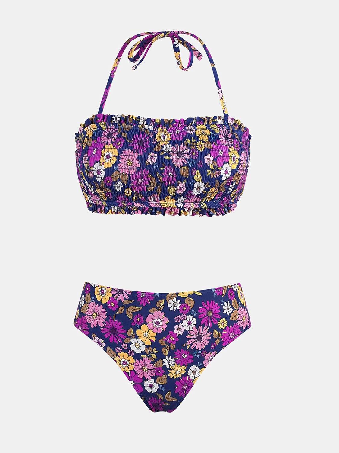 imageCUPSHE Bikini Set for Women Two Piece Swimsuit Bandeau Top Back Tie Mid Waisted Bottom with Removable Shoulder StrapsPurpleFloral