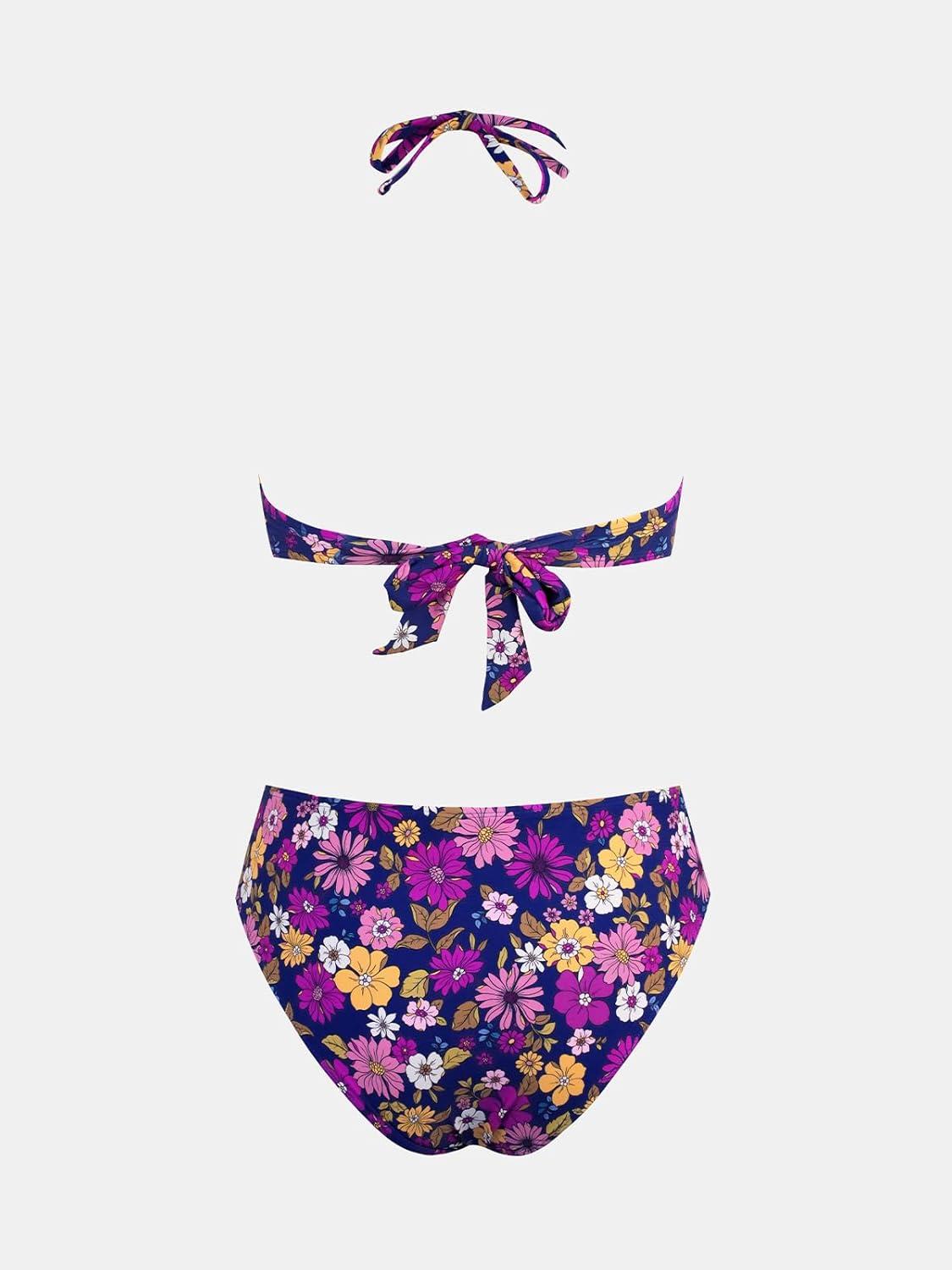 imageCUPSHE Bikini Set for Women Two Piece Swimsuit Bandeau Top Back Tie Mid Waisted Bottom with Removable Shoulder StrapsPurpleFloral