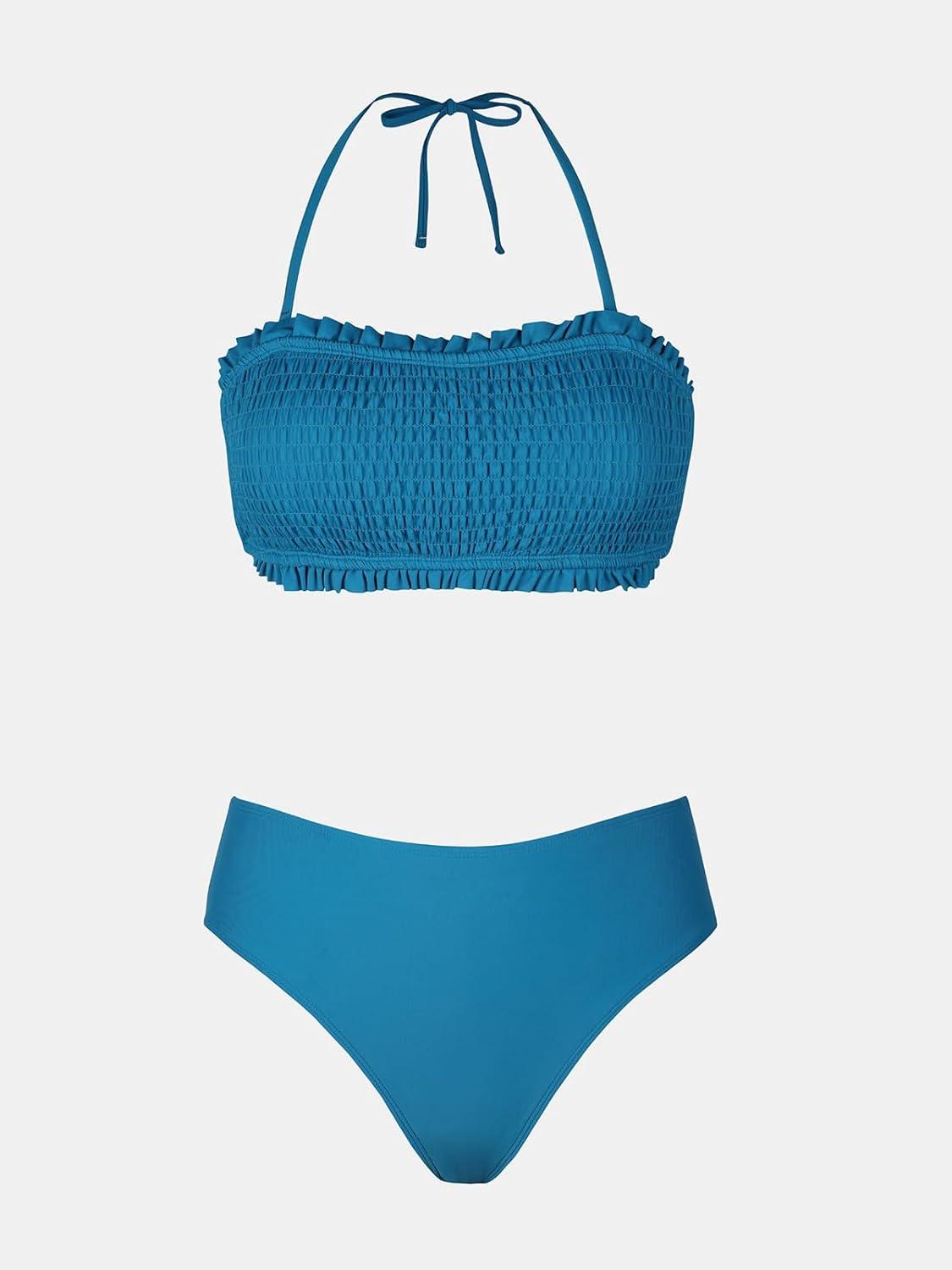 imageCUPSHE Bikini Set for Women Two Piece Swimsuit Bandeau Top Back Tie Mid Waisted Bottom with Removable Shoulder StrapsSapphire Blue