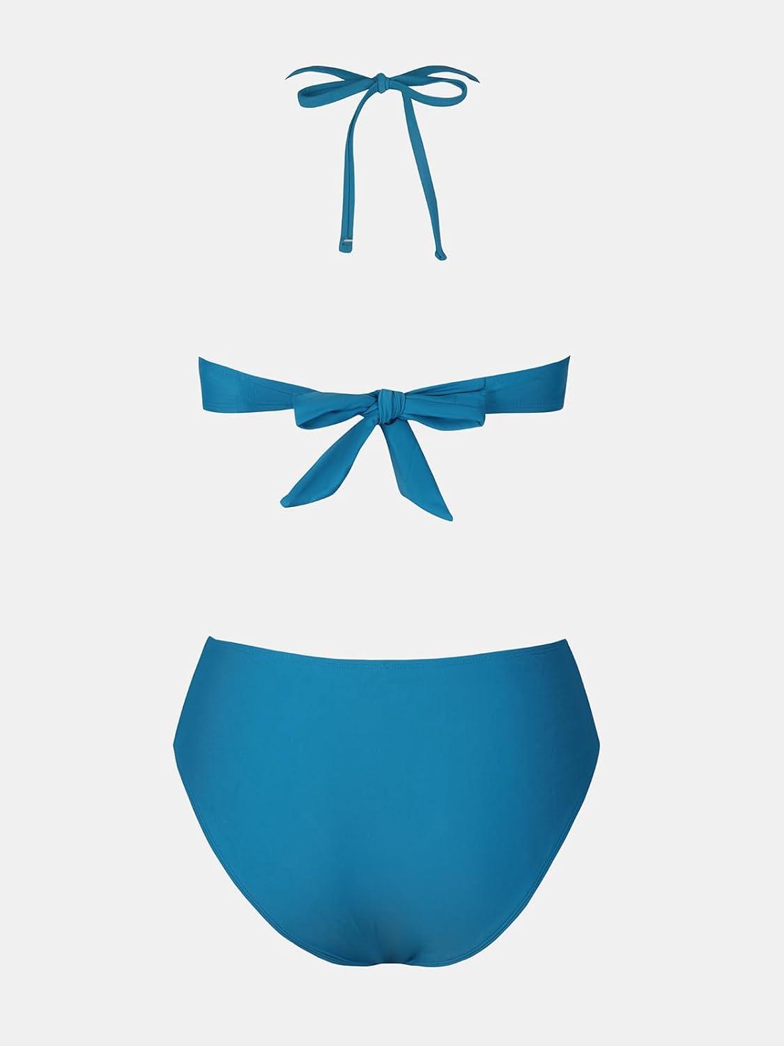 imageCUPSHE Bikini Set for Women Two Piece Swimsuit Bandeau Top Back Tie Mid Waisted Bottom with Removable Shoulder StrapsSapphire Blue